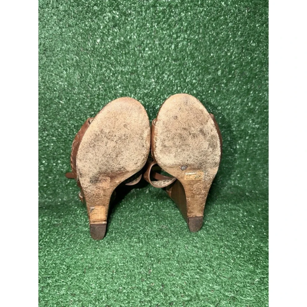 Tory Burch Sandals Women Size 7 Brown Strappy Leather Wedge Platform Heel Luxury